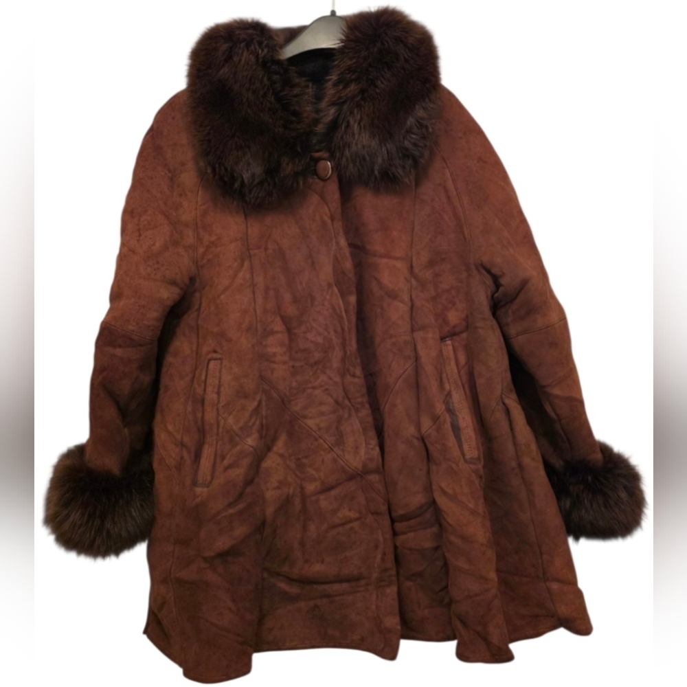 Vintage Brown Flare Fur Trimmed Suede Women's Coat